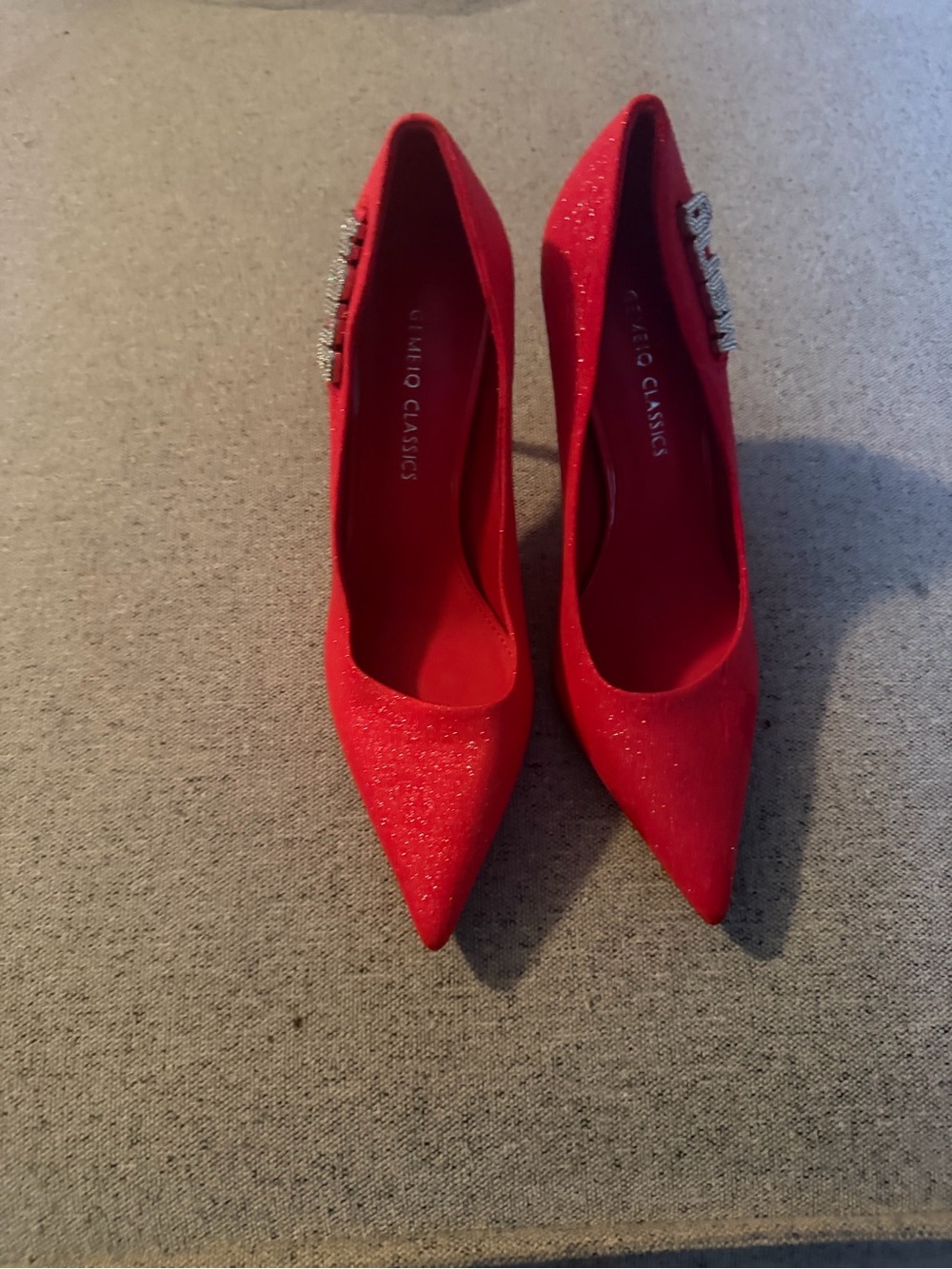 Red Glitter Pointed Toe Pumps with Crystal Accent